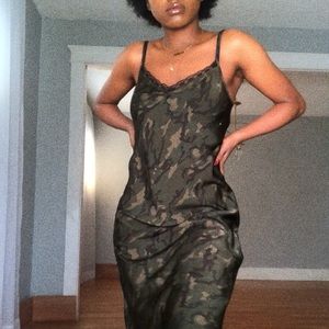 Camo Print Sleeveless V-Neck Midi Slip Dress